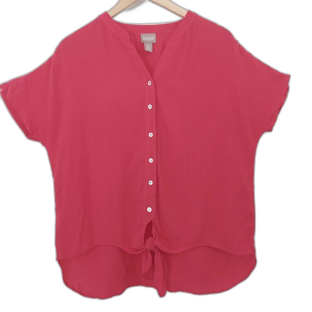Chicos Short Sleeve Shirt Size 0 Small Tie Front Pink Crepe Rayon Oversize
